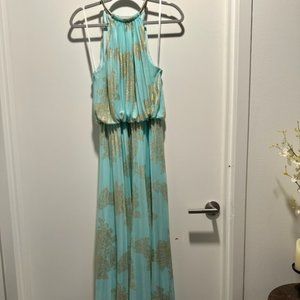 Xscape blue and gold pleated gown